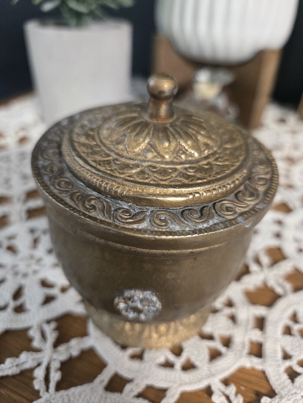 Ornate Cast Brass Lidded Trinket Jar โ Floral Embossed Design